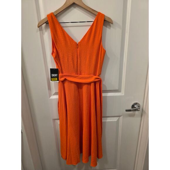 DKNY Orange Fit & Flare Midi Dress with Belt - Picture 3 of 9